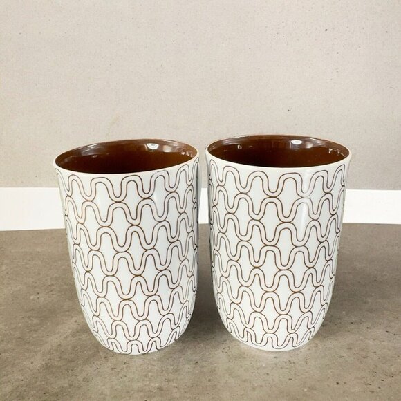 1970s FITZ & FLOYD FISHNET COFFEE MUG CUP BROWN WHITE HANDLED MUG SET 2 Pcs - Picture 3 of 13